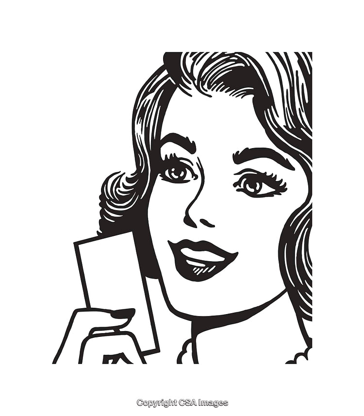 Retro Line Art Illustration of a Smiling Woman Holding a Blank Card