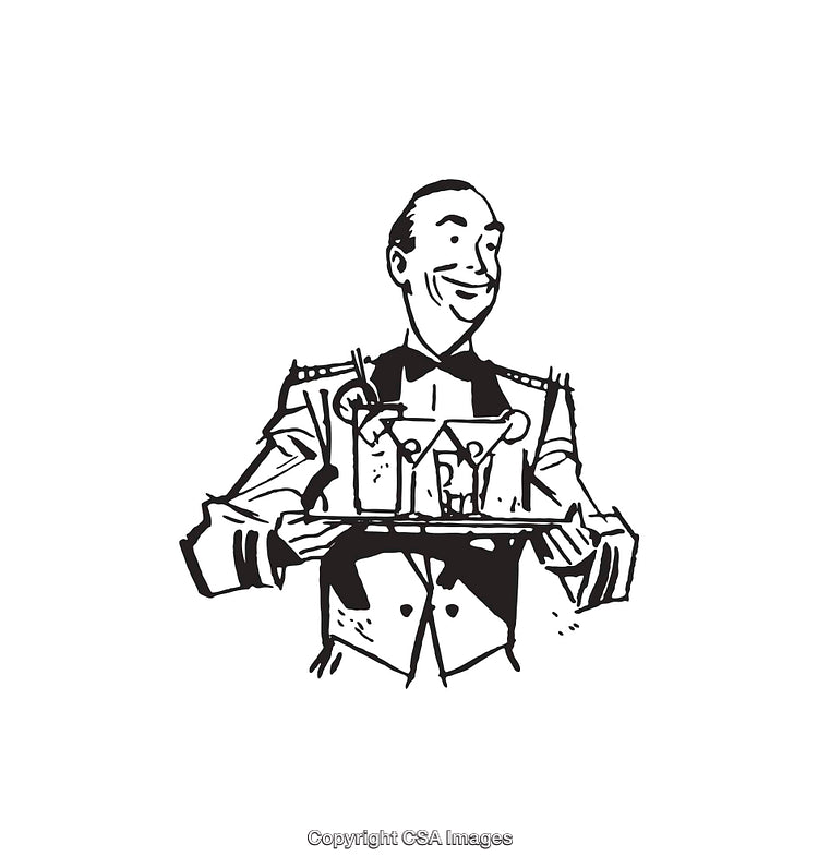 Vintage Black and White Illustration of a Waiter Serving Beverages