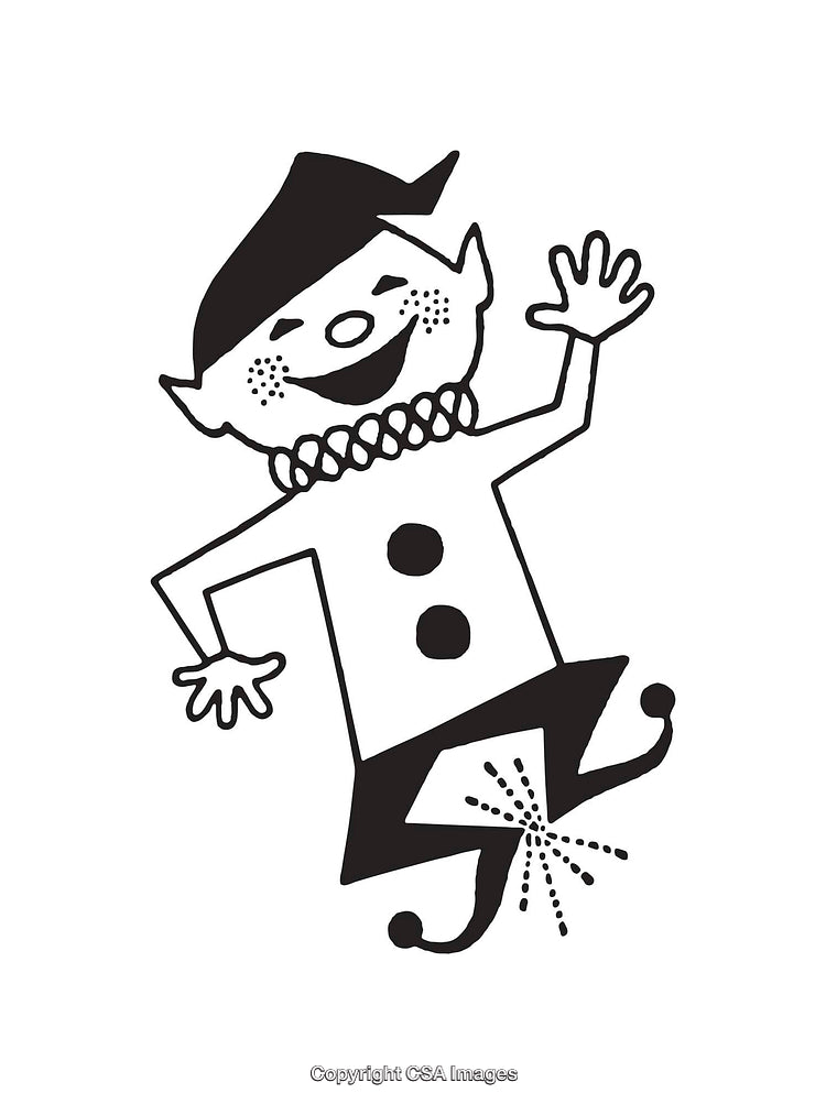 Playful Elf Black and White Line Art Illustration with Cheerful Expression