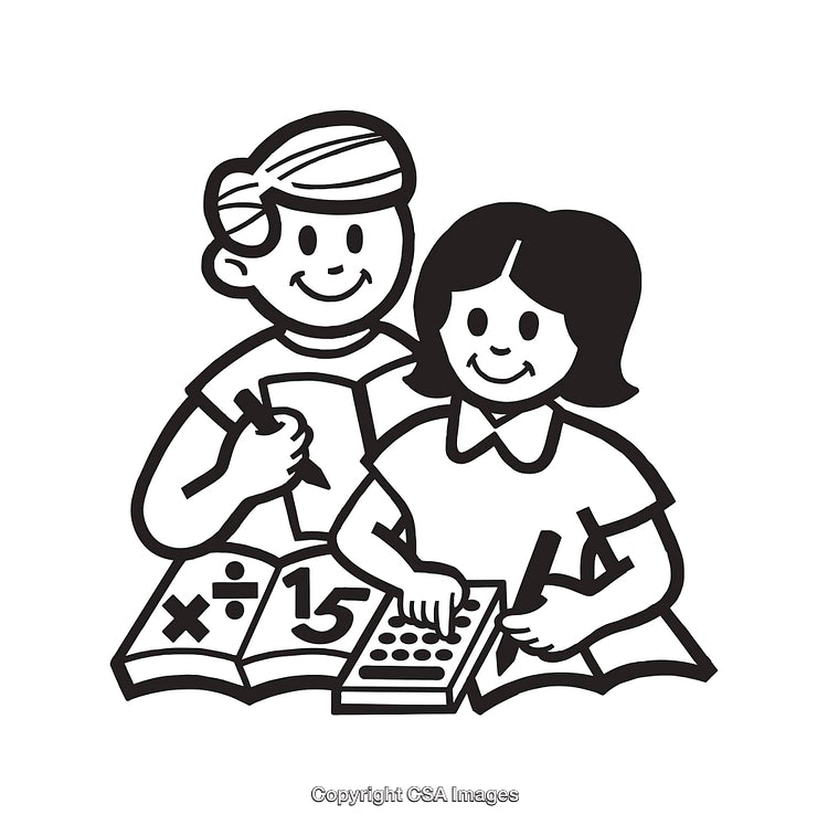 Black and White Illustration of Children Studying Together With Books and Calculator