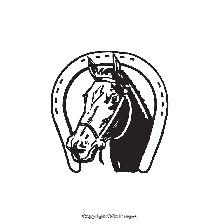 Black and White Illustration of a Horse Head with a Horseshoe