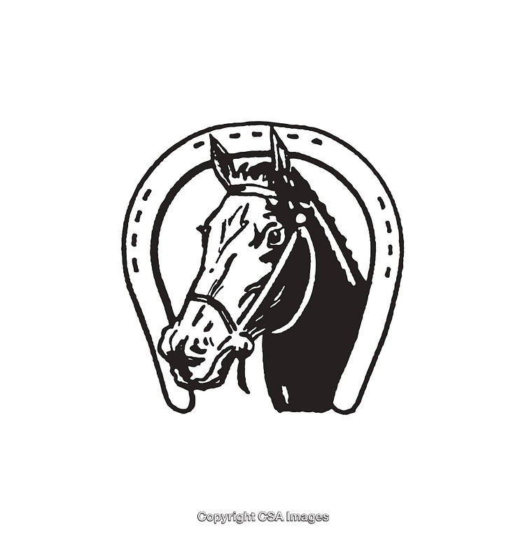 Black and White Illustration of a Horse Head with a Horseshoe