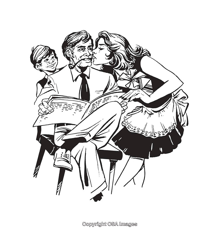 Retro Family Scene in Black-And-White Line Art Illustration