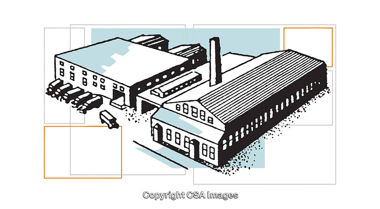 Illustrated Factory Complex with Industrial Buildings and Vehicles