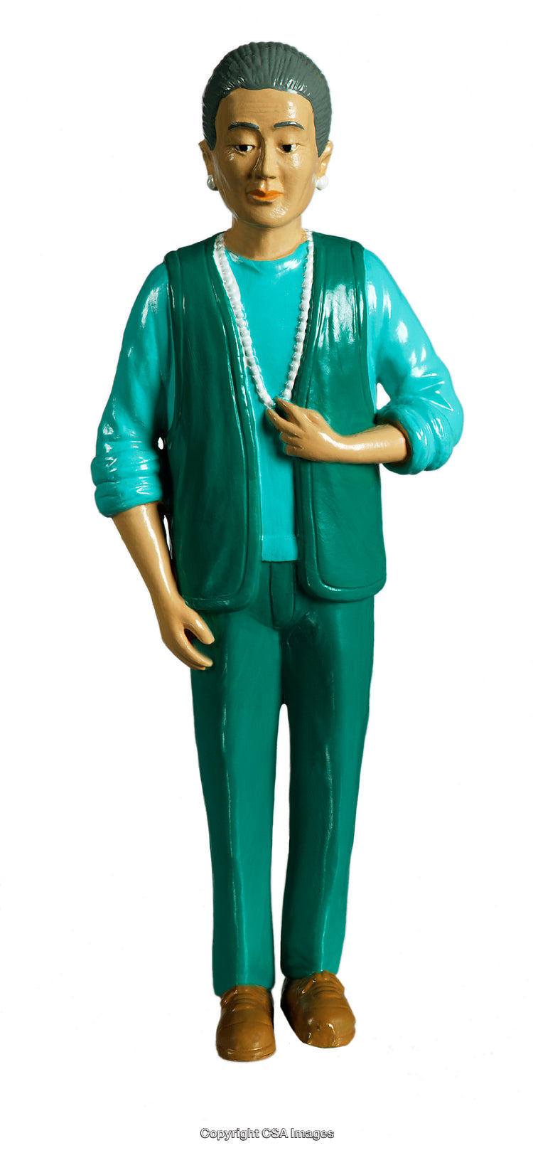 Plastic Figurine Character in Green Outfit Holding a Bead Necklace