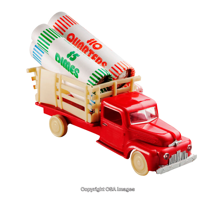 Red Toy Truck Carrying Rolled Coin Tubes for Creative Display