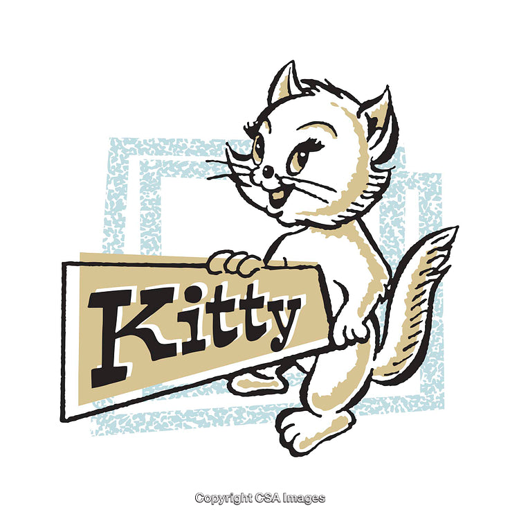 Vintage Illustration of a Cheerful Kitty Holding a Sign
