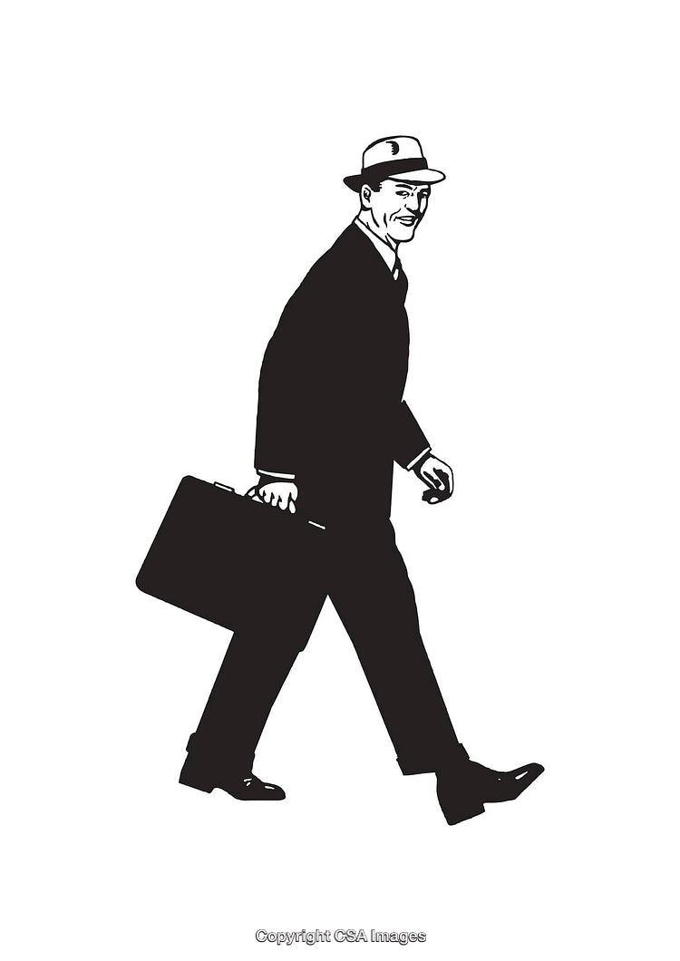 Stylized Black and White Line Art of a Man Walking with Briefcase