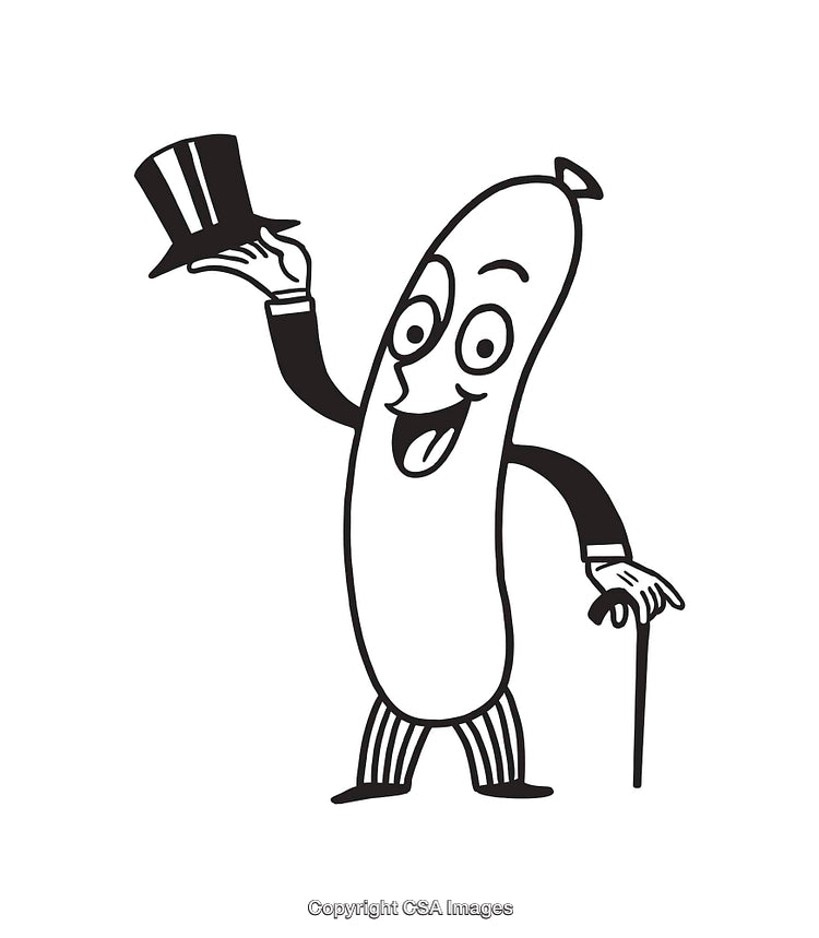 Cheerful Sausage Cartoon Character Waving With Hat and Cane in Black Ink
