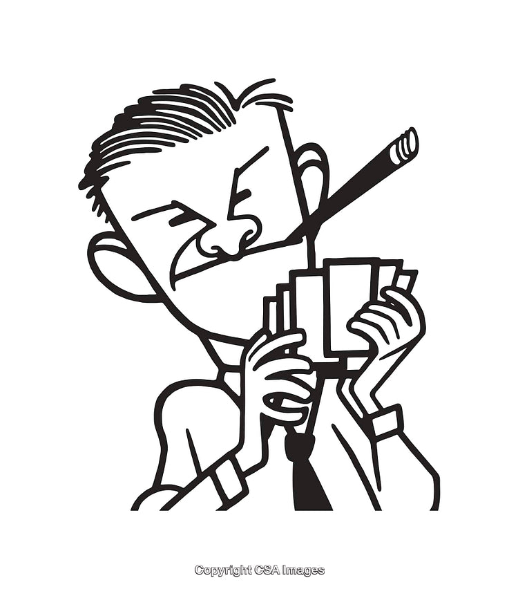 Black and White Line Art of a Man With Cards and Cigar