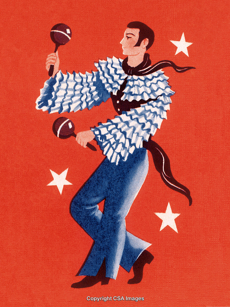 Vintage Performer in Colorful Attire Dancing on Red Starry Background