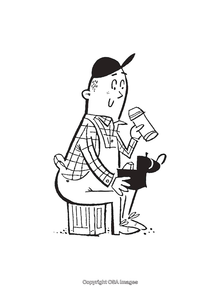 Black and White Illustration of a Character With a Tool and a Project
