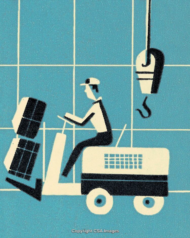 Stylized Illustration of a Worker Driving a Forklift in an Industrial Setting