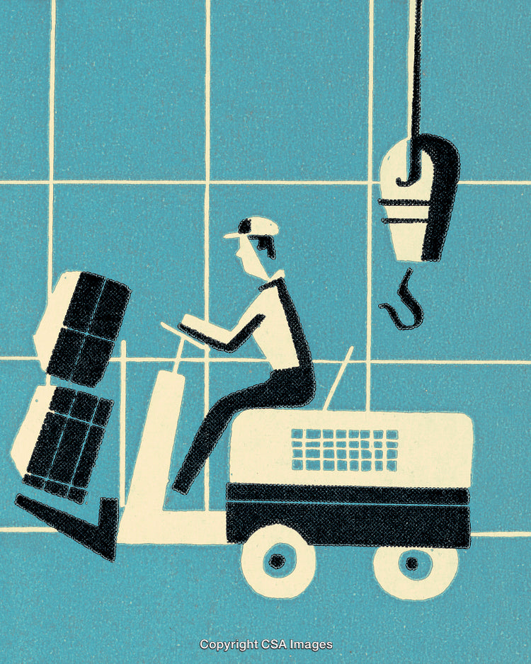 Stylized Illustration of a Worker Driving a Forklift in an Industrial Setting