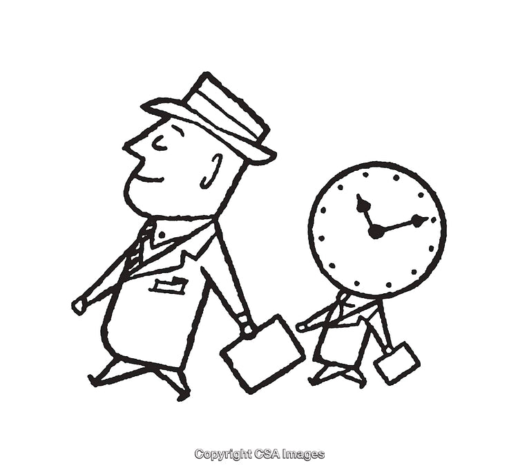 Black and White Line Art Illustration of a Clock and Businessman