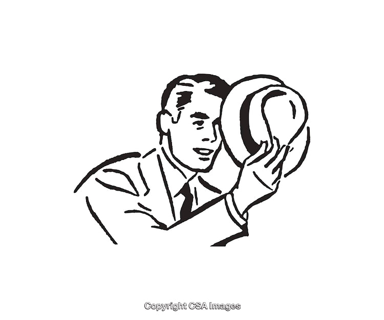 Black And White Line Art of a Man Greeting with a Hat