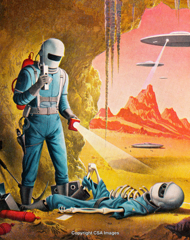 Astronaut Exploring Alien Cave Encounters Skeleton of Humanoid Lifeform