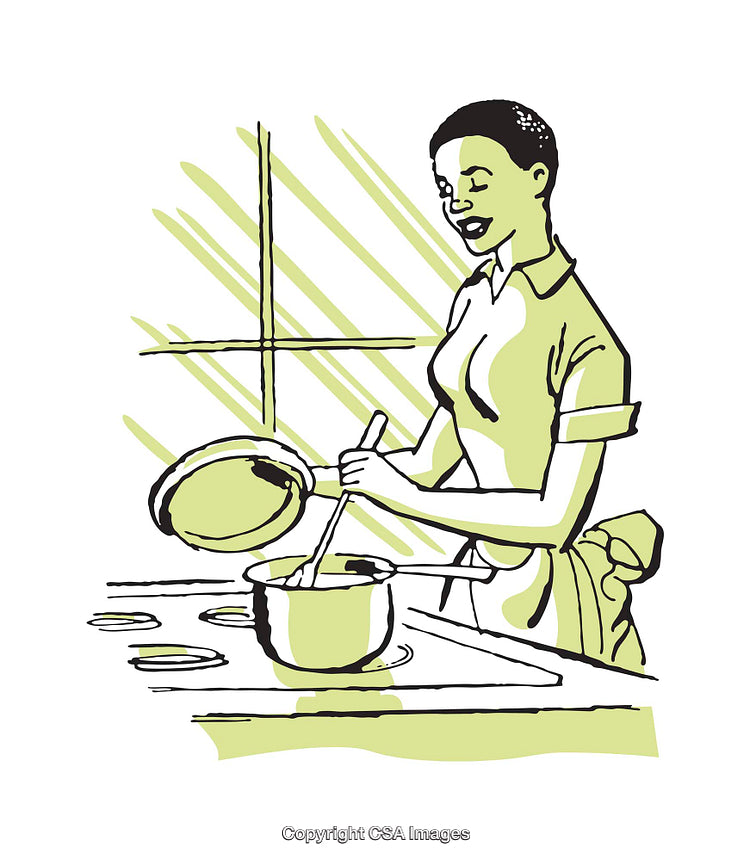 Illustration of a Woman Cooking in a Kitchen With a Pot and Stove