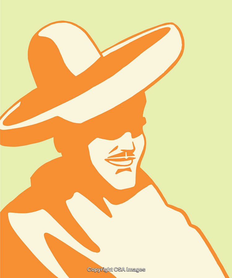 Colorful Line Art of Smiling Man Wearing a Traditional Wide-Brimmed Hat