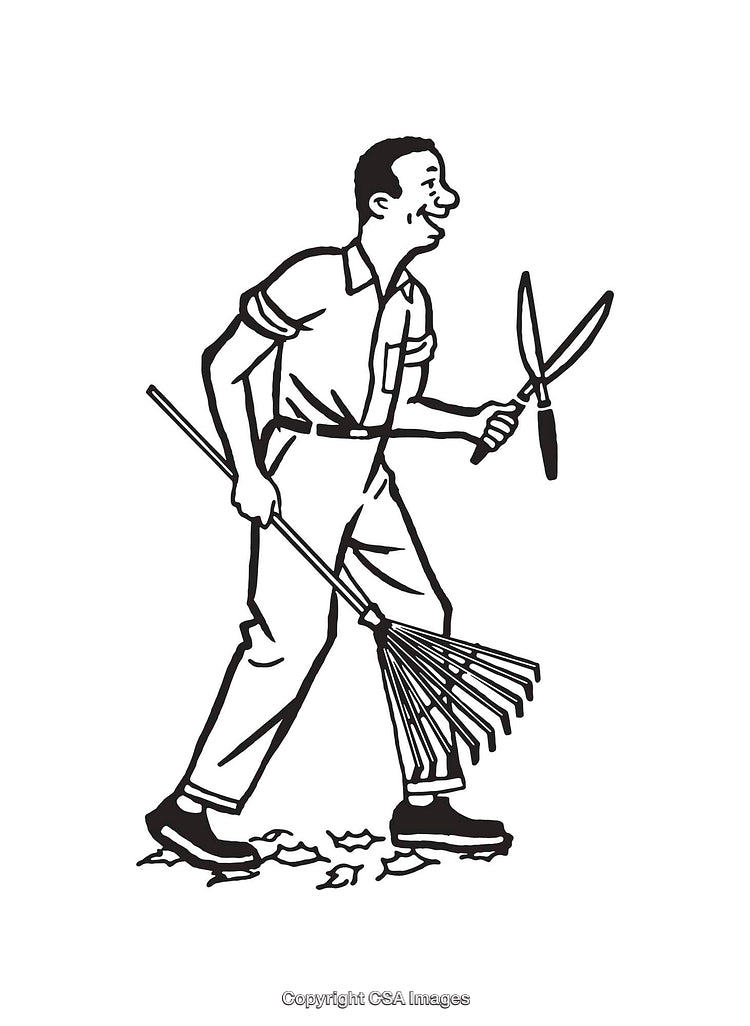 Vintage Black And White Line Art Illustration of Man Gardening