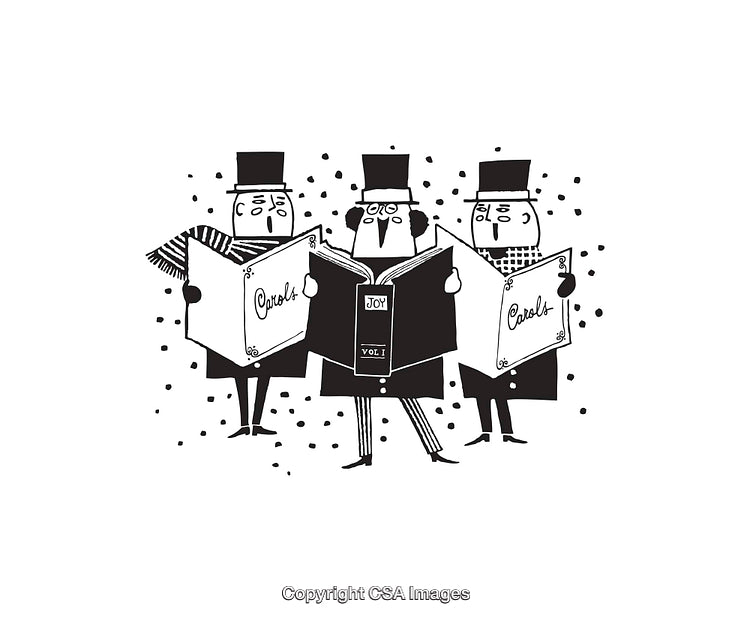 Festive Carol Singers in Black and White Line Art Illustration