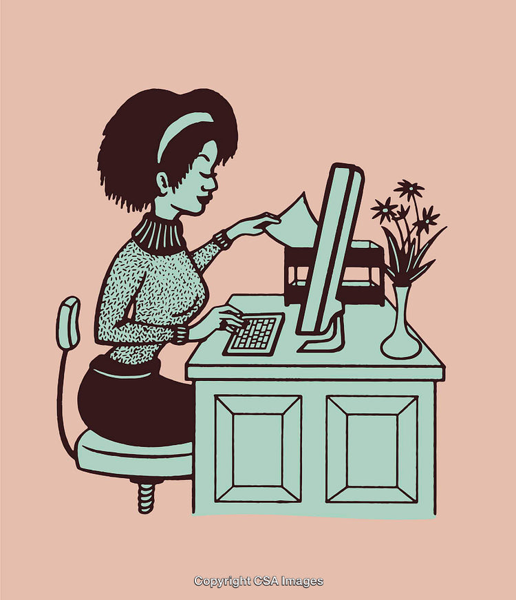 Illustrated Woman Office Worker at Desk With Computer and Vase