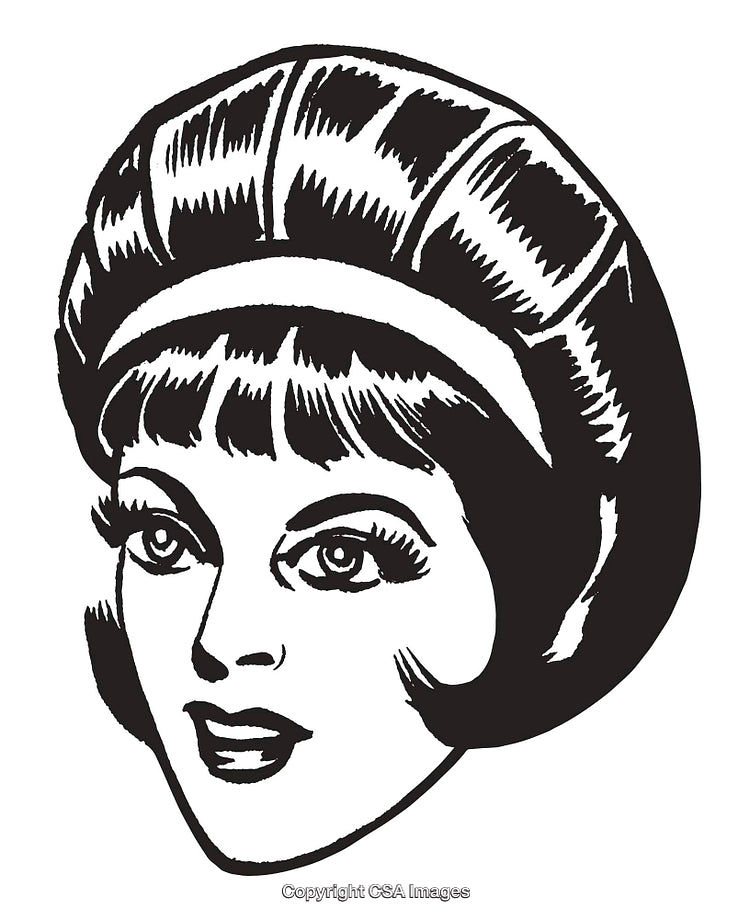 Retro Illustrated Female Portrait with Stylized Haircut and Expressive Eyes