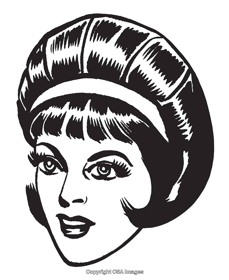 Retro Illustrated Female Portrait with Stylized Haircut and Expressive Eyes