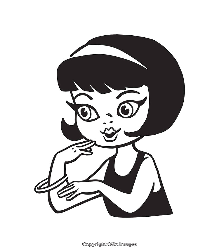 Black and White Retro Style Line Art of a Woman Wearing Jewelry