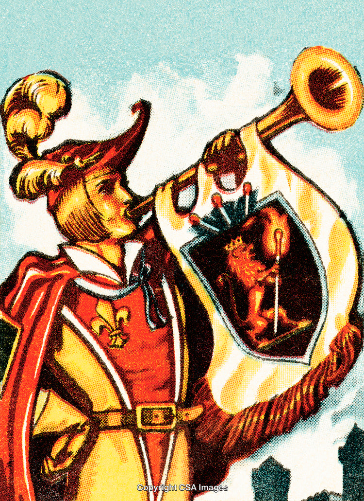 Medieval Trumpeter Heralding a Royal Banner Against a Clear Sky
