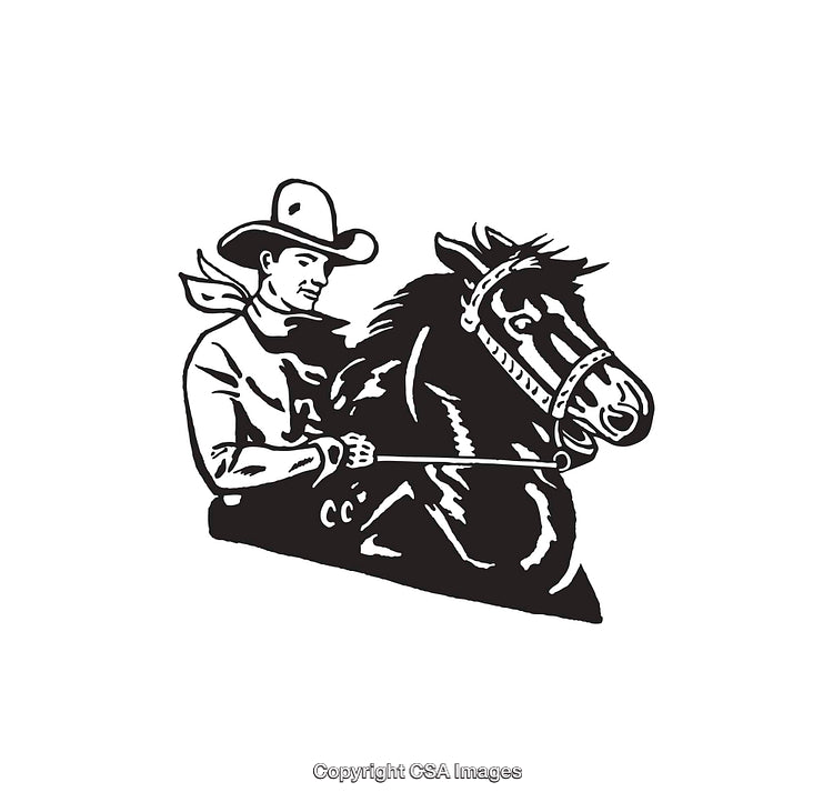 Western Cowboy Riding Horse in Classic Black and White Line Art