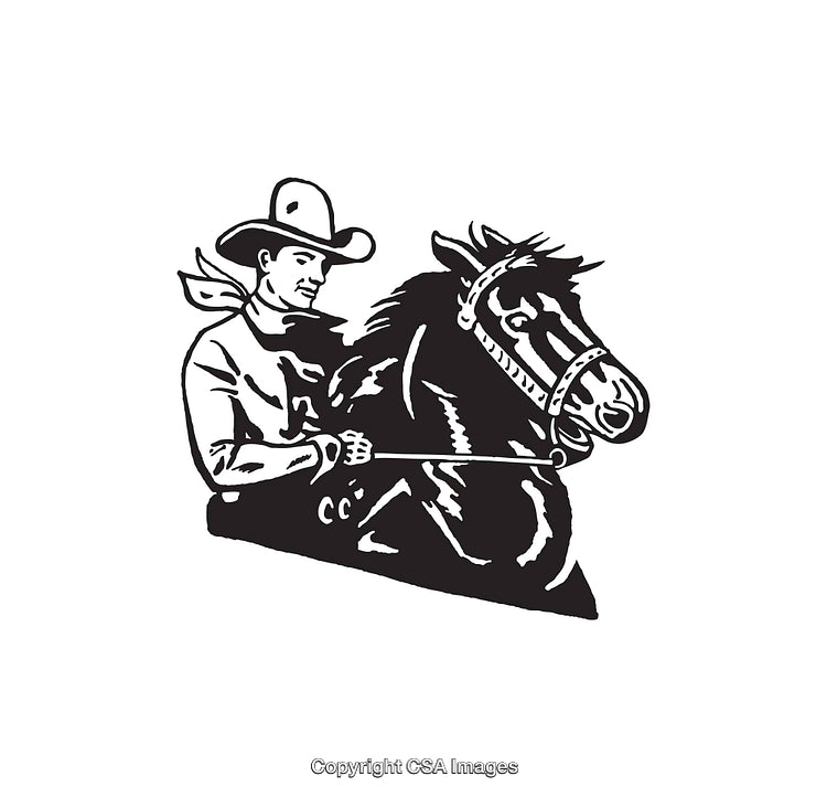 Western Cowboy Riding Horse in Classic Black and White Line Art