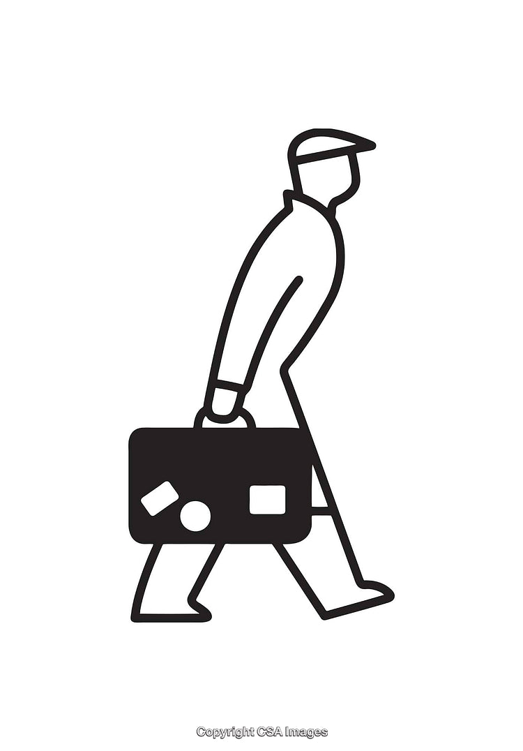 Silhouette of a Traveler Carrying a Suitcase in Black and White Icon