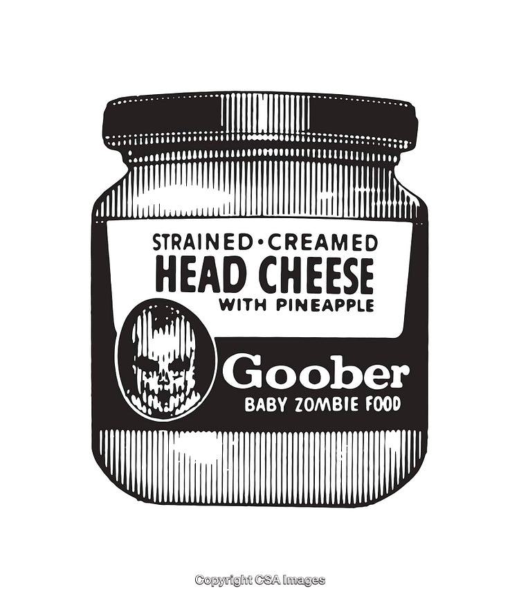 Black and White Illustration of a Head Cheese Jar with Unique Label