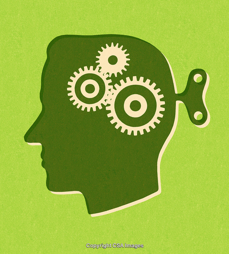 Graphic Illustration of a Thinking Process Using Gears in a Green Background