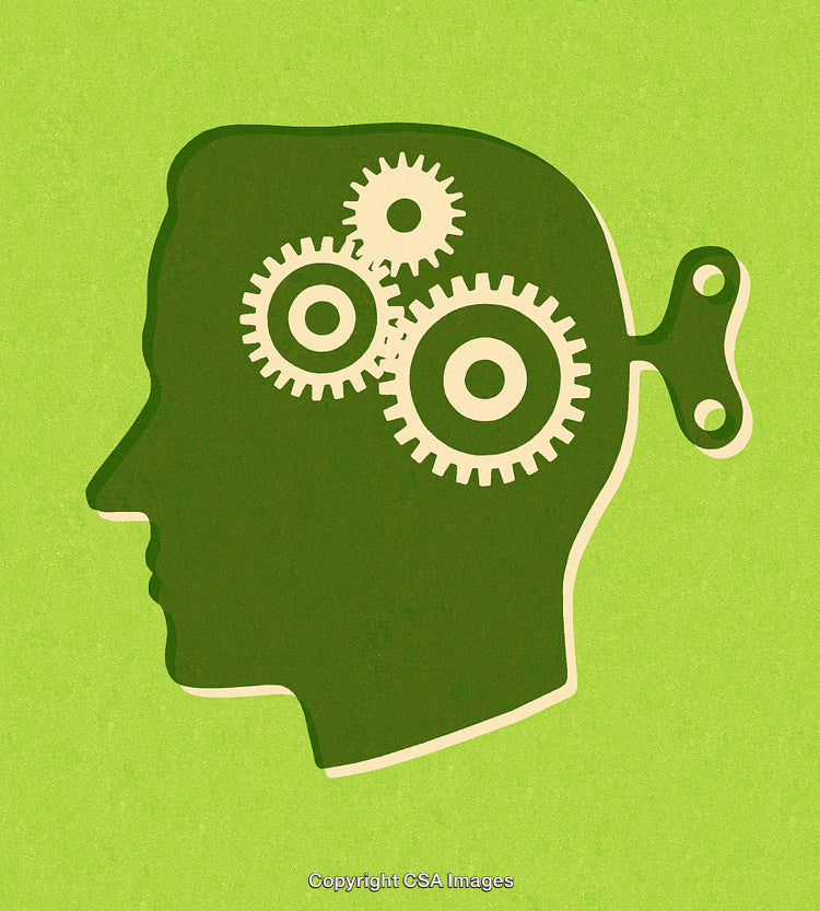 Graphic Illustration of a Thinking Process Using Gears in a Green Background