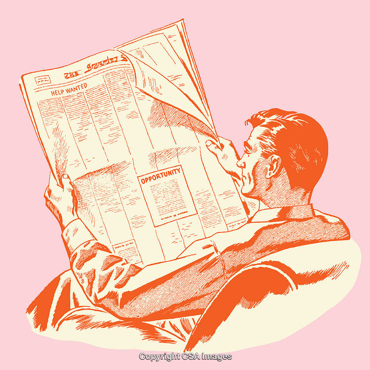 Vintage-Style Illustration of a Man Reading a Newspaper About Job Opportunities