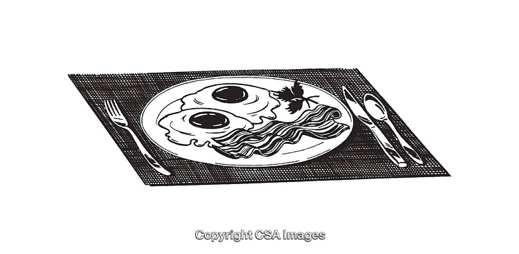 Black and White Illustration of Breakfast Meal with Fried Eggs and Bacon