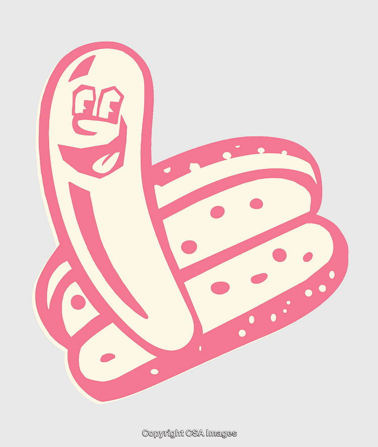Whimsical Hotdog Illustration with Playful Expression in Retro Pink Style