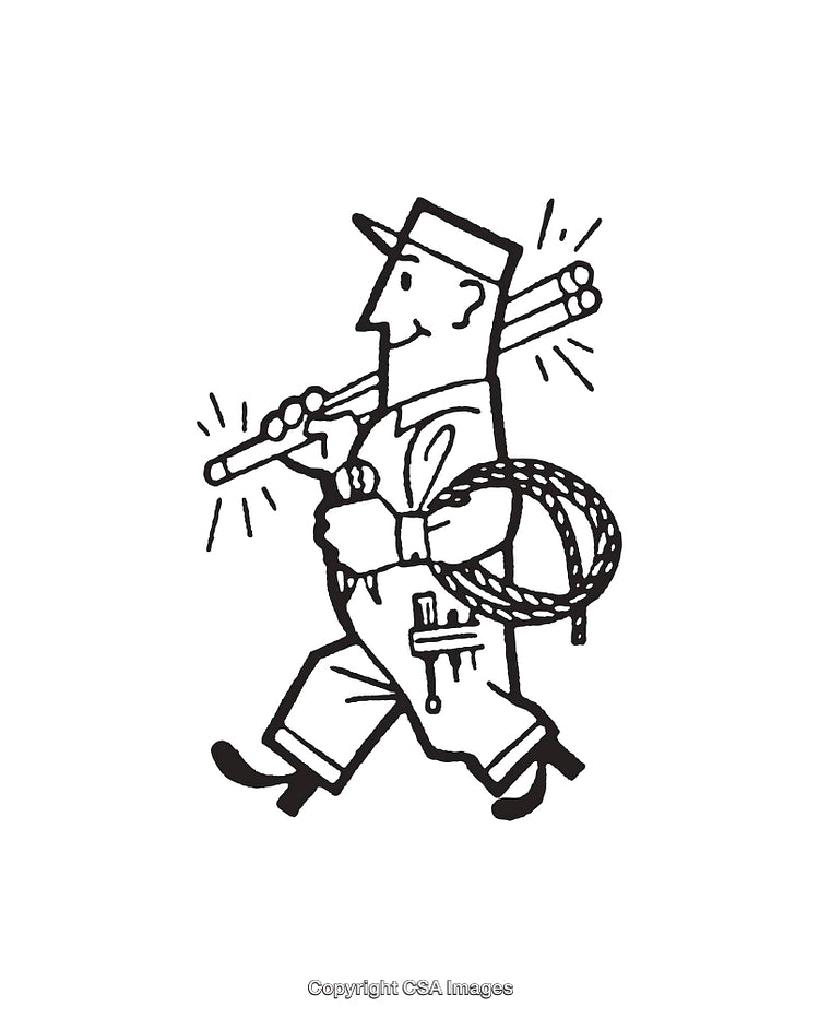 Line Art Illustration of a Worker Carrying Tools and Rope