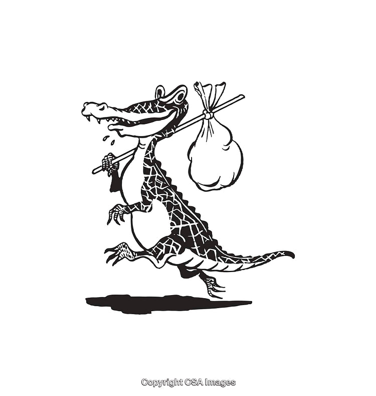 Black and White Artistic Illustration of a Cartoon Alligator with Sack
