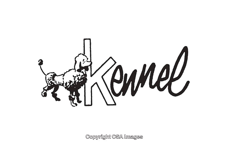 Black and White Line Art of a Poodle and Stylized Kennel Text
