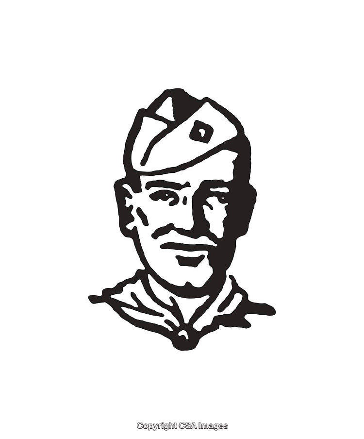 Black and White Line Art Illustration of Soldier in Cap