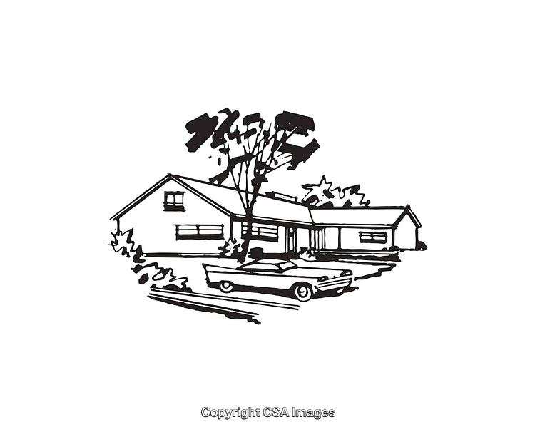 Black and White Line Art of a Mid-Century Ranch Home with Car