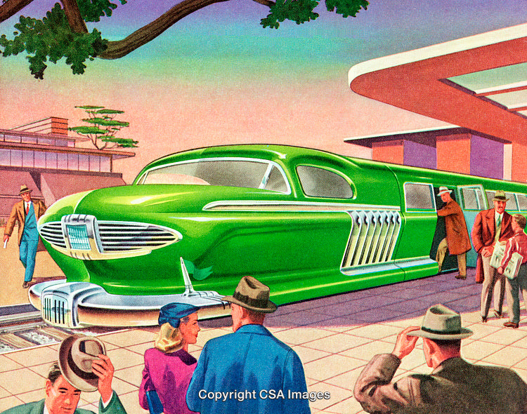 Futuristic Green Train Station Scene Depicting 1950s Inspired Concept Design