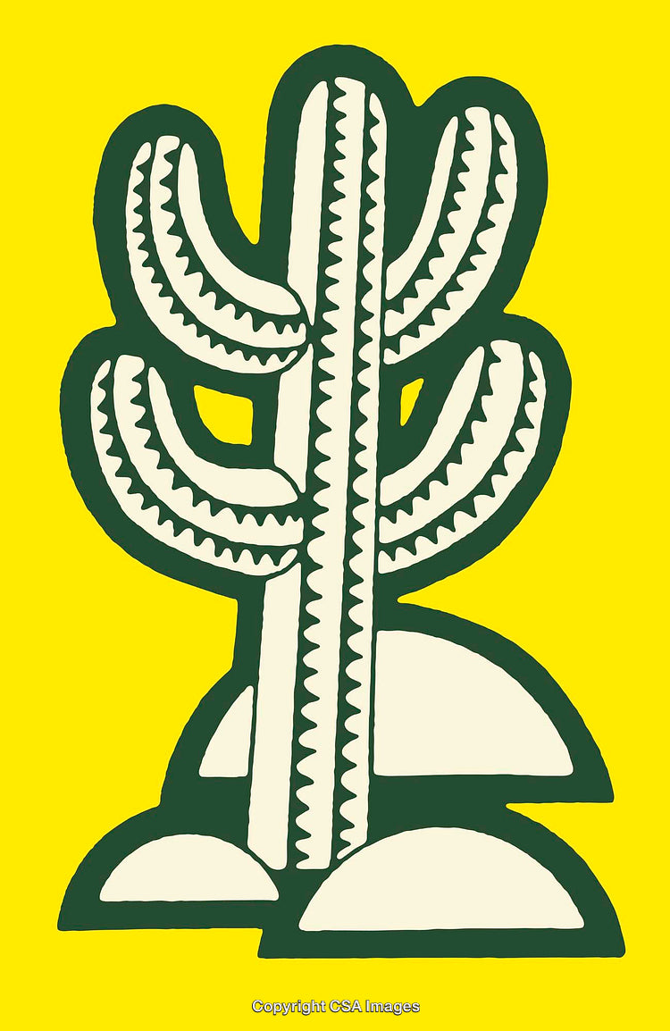Whimsical Cactus Line Art Drawing with Vibrant Yellow Background