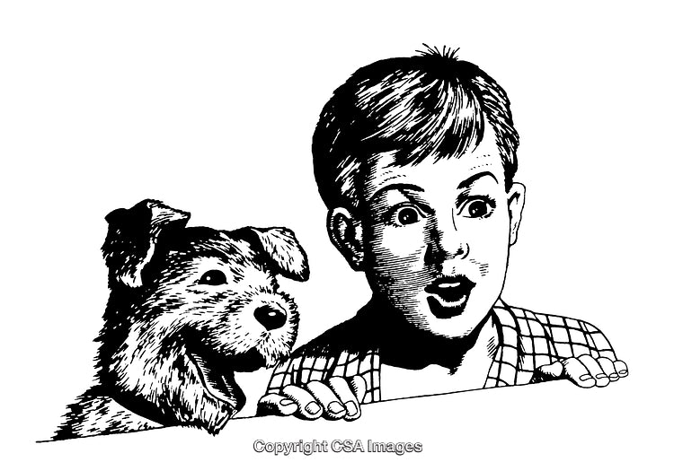 Vintage Illustration of Boy and Dog Expressing Surprise Together
