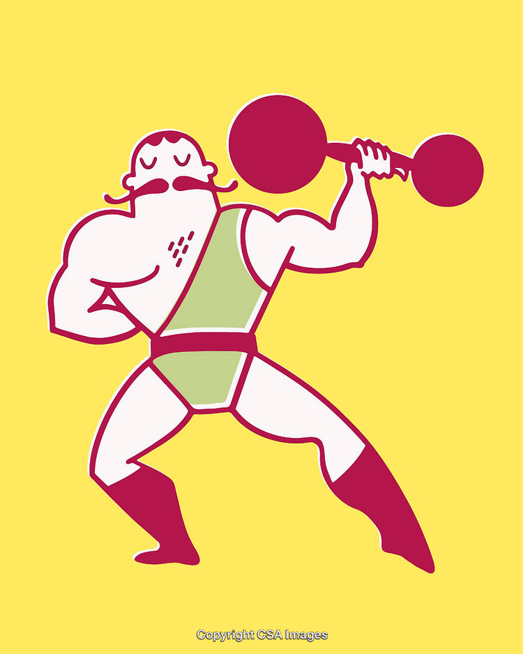 Colorful Illustration of a Vintage Strongman Lifting a Barbell on Yellow Background