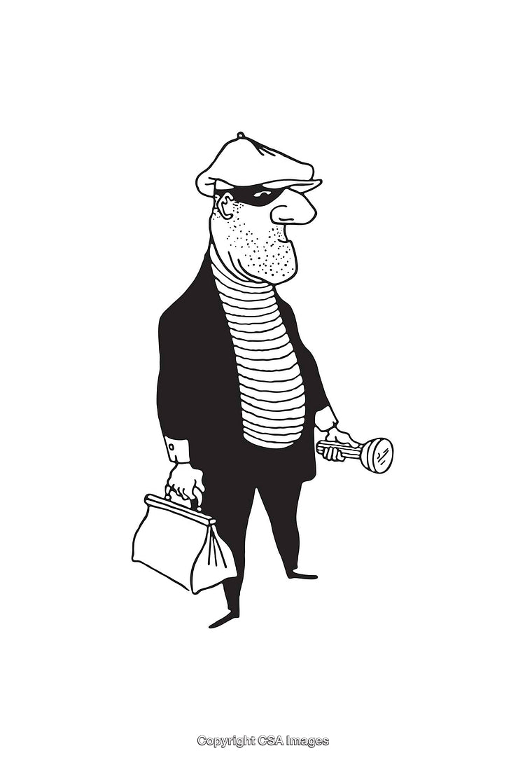 Black And White Line Art Illustration of Cartoon Thief Character
