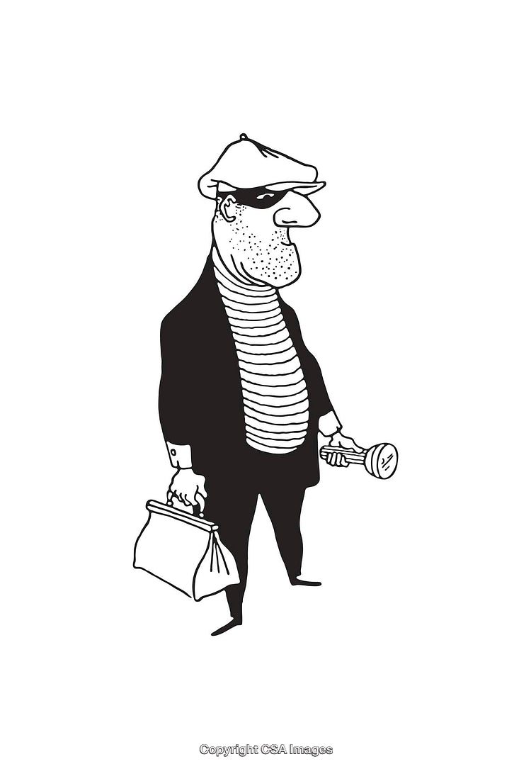 Black And White Line Art Illustration of Cartoon Thief Character